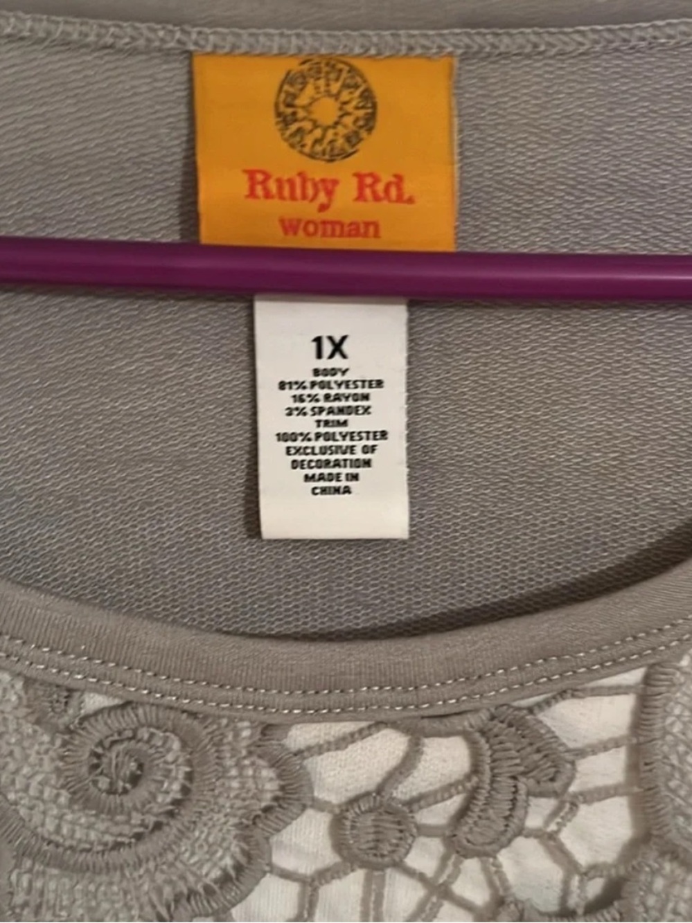 Ruby Rd. Gray Lace Overlay Long Sleeve Raglan Top - Picture 2 of 6